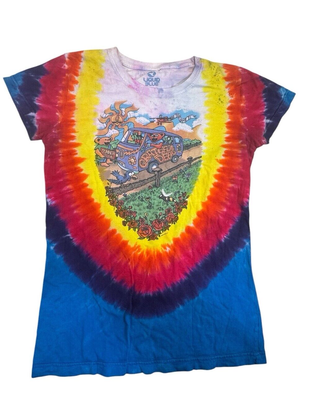 Vintage Y2K Grateful Dead T shirt liquid blue Tie Dye summer tour VW Bus bears